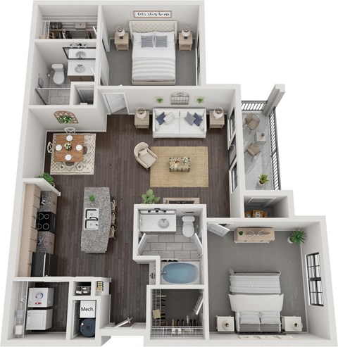 Floor plan for 2 beds, 2 baths, 1157 sqft